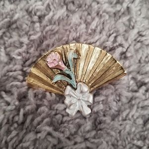 Vintage Gold Fan Pink Flower & White Bow Brooch